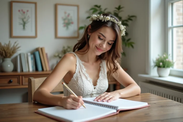 Jeune mariée en robe blanche écrivant dans un carnet de planification