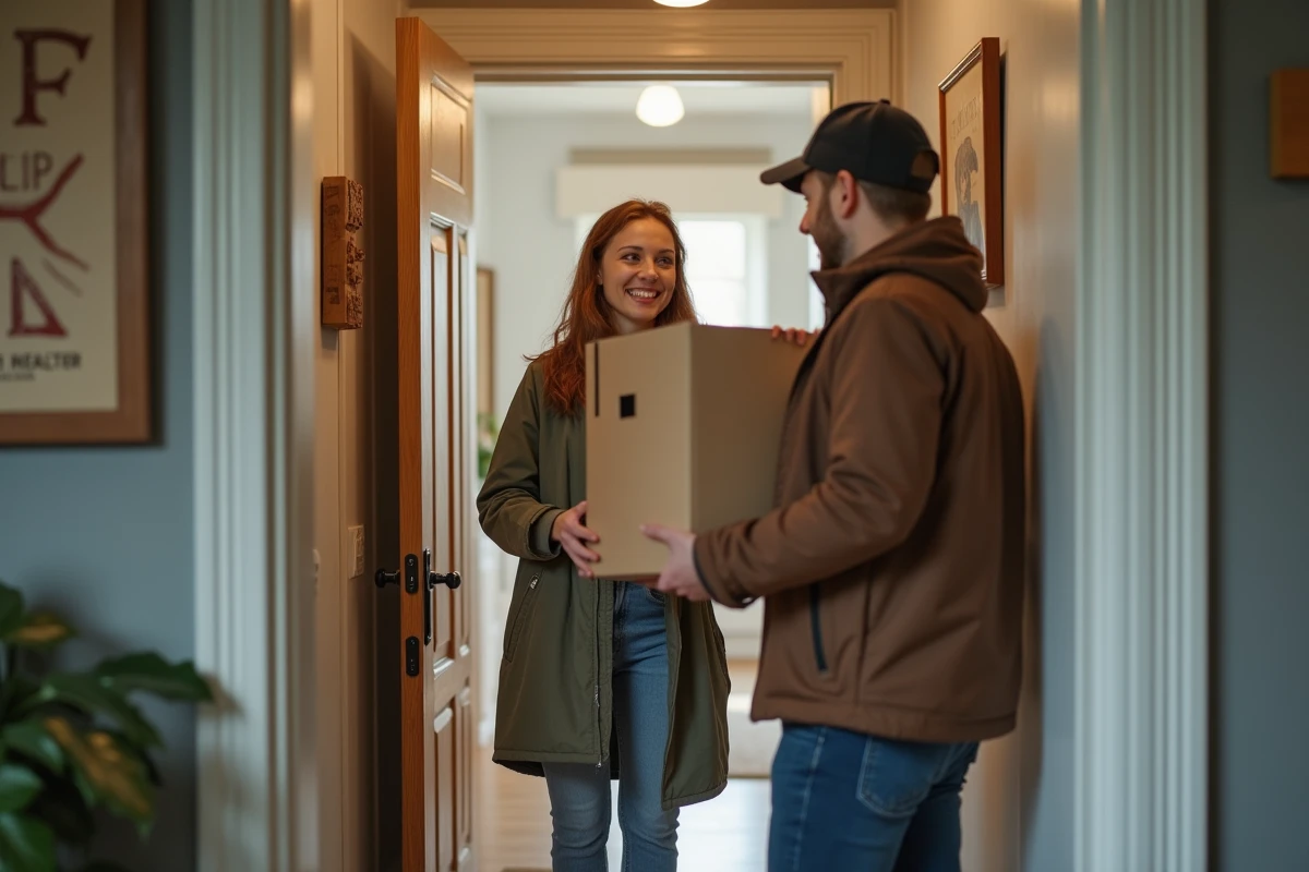 Femme recevant colis dans son appartement chaleureux
