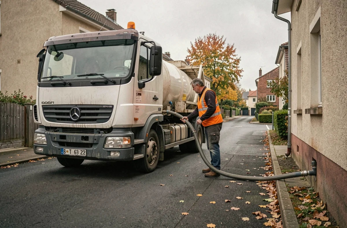 Camion de livraison de fioul domestique dans un quartier résidentiel français, employé raccordant le tuyau de remplissage