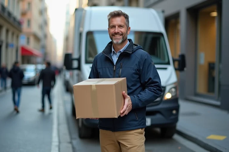 Livreur urbain souriant avec colis devant van moderne