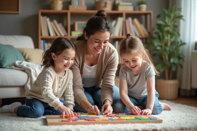 Femme aidant deux enfants à faire un puzzle coloré dans un salon chaleureux