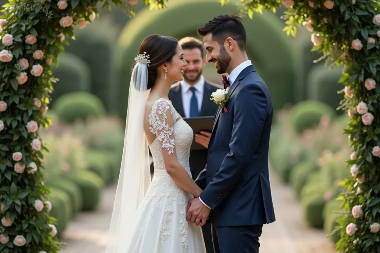 Jeune couple marié en extérieur lors de la cérémonie