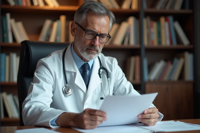 Médecin contrôleur parisien examinant des documents médicaux dans son bureau professionnel