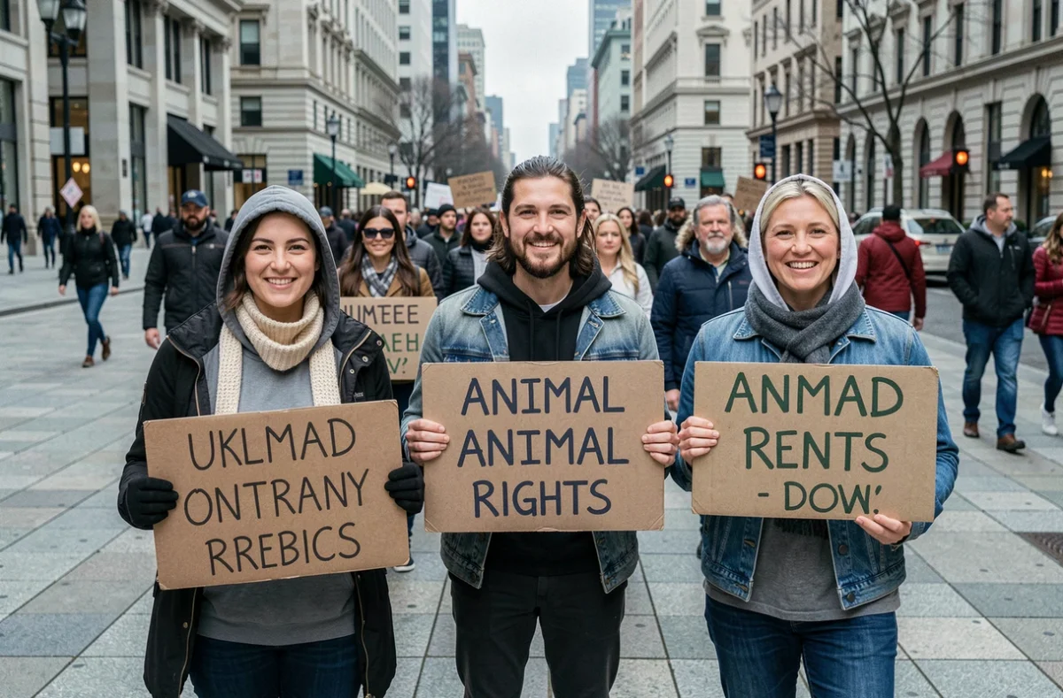 Militants pour les droits des animaux lors d'un rassemblement urbain pacifique tenant des pancartes peintes à la main