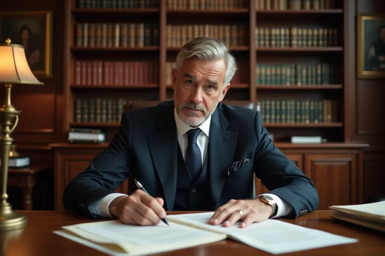 Notaire de banque assis à son bureau en train d'examiner des documents financiers officiels dans un cabinet notarial traditionnel
