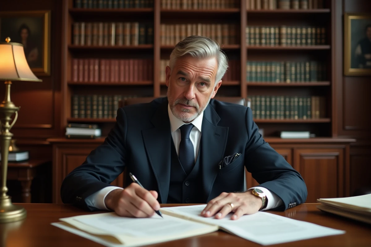 Notaire de banque assis à son bureau en train d'examiner des documents financiers officiels dans un cabinet notarial traditionnel