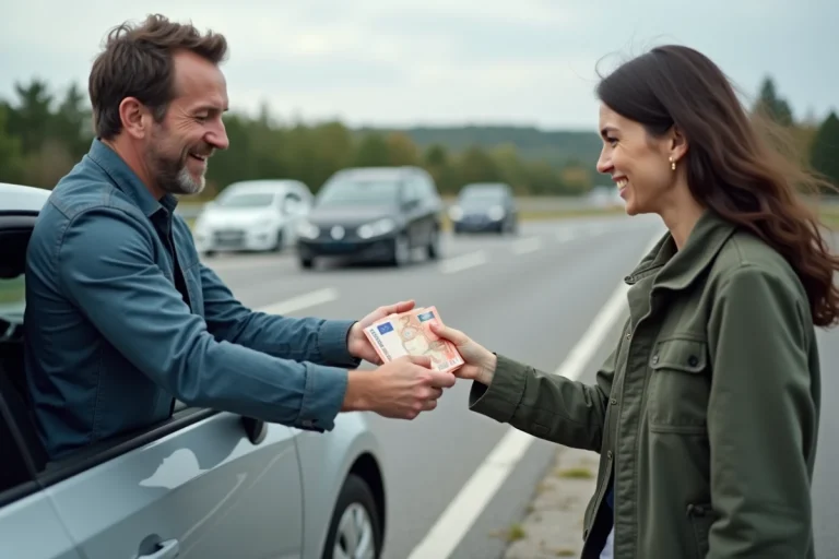 Passager remettant des billets en euros en espèces à un conducteur BlaBlaCar par la fenêtre d'une voiture garée sur une aire d'autoroute
