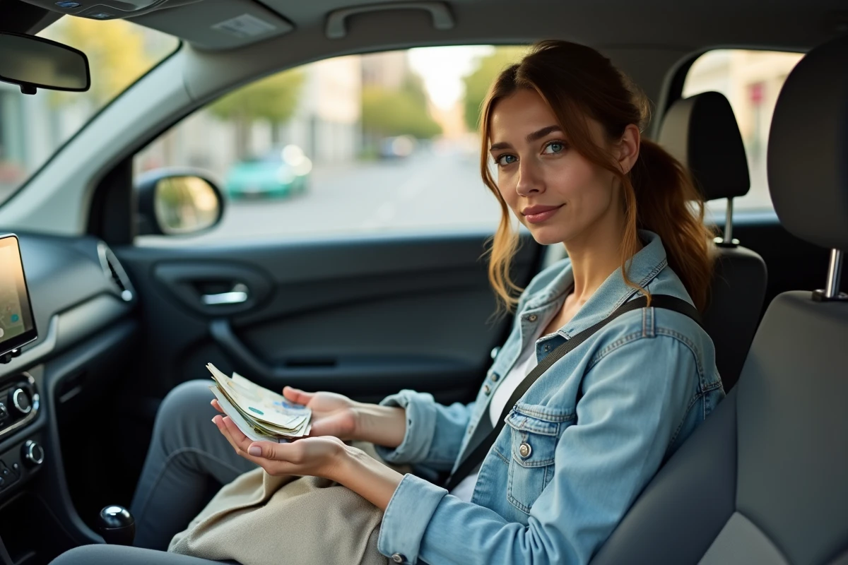 Passagère comptant des pièces et billets en espèces dans la main à l'intérieur d'un véhicule de covoiturage BlaBlaCar