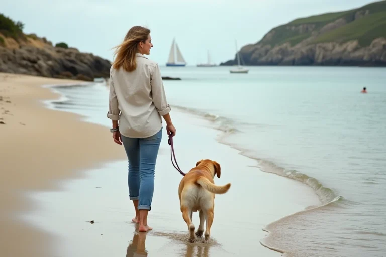 Femme se promenant avec son chien labrador sur une plage de sable près de Vannes en Bretagne