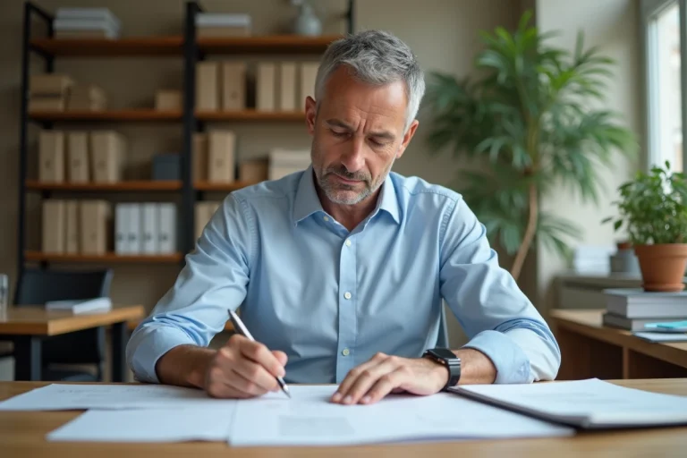 Un homme d'âge mûr examine des documents officiels liés au rachat de rente accident du travail dans un bureau administratif