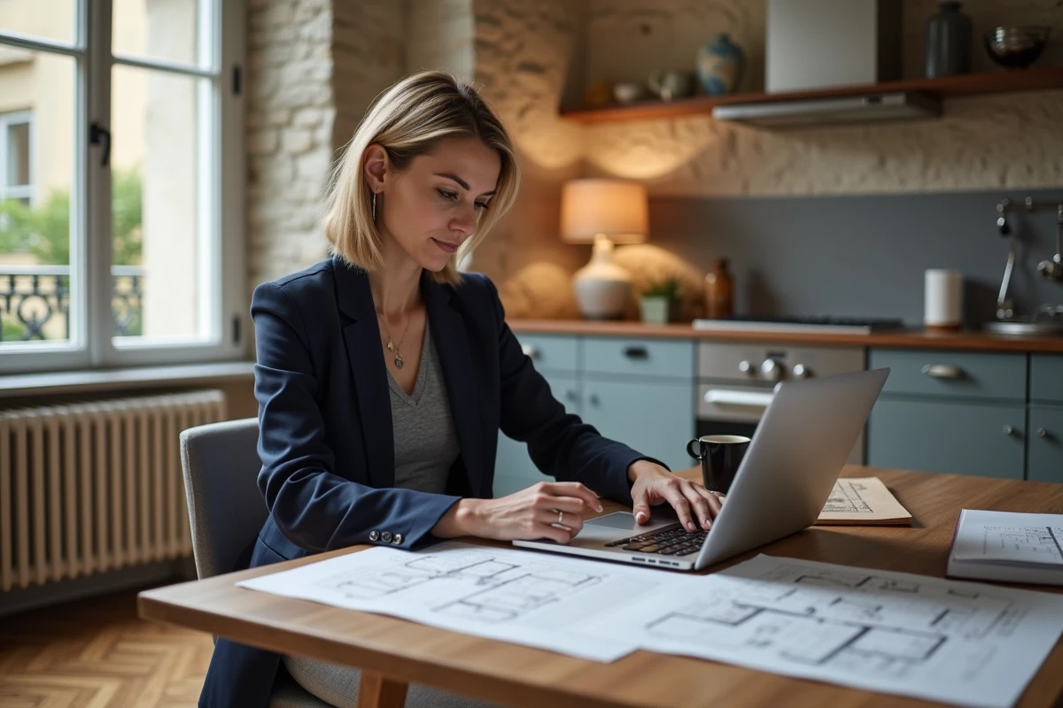 Femme consultant des plans d'appartement et un site immobilier sur ordinateur portable à Lyon