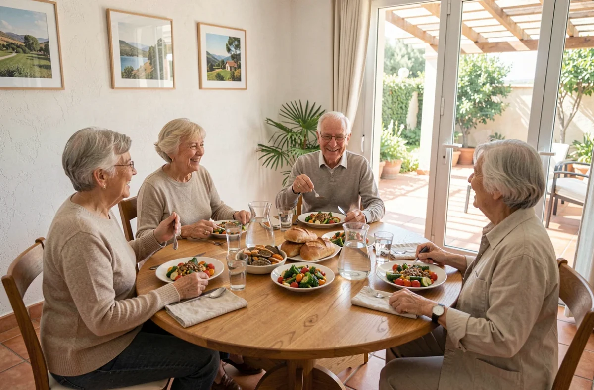 Groupe de seniors partageant un repas convivial dans la salle à manger lumineuse d'une résidence adaptée à Montpellier