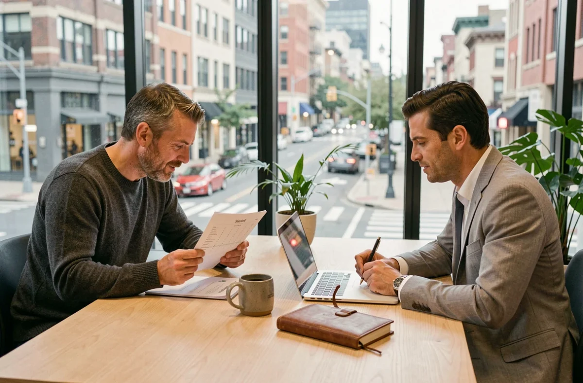 Deux entrepreneurs en réunion de conseil autour d'un projet d'entreprise dans un espace de co-working