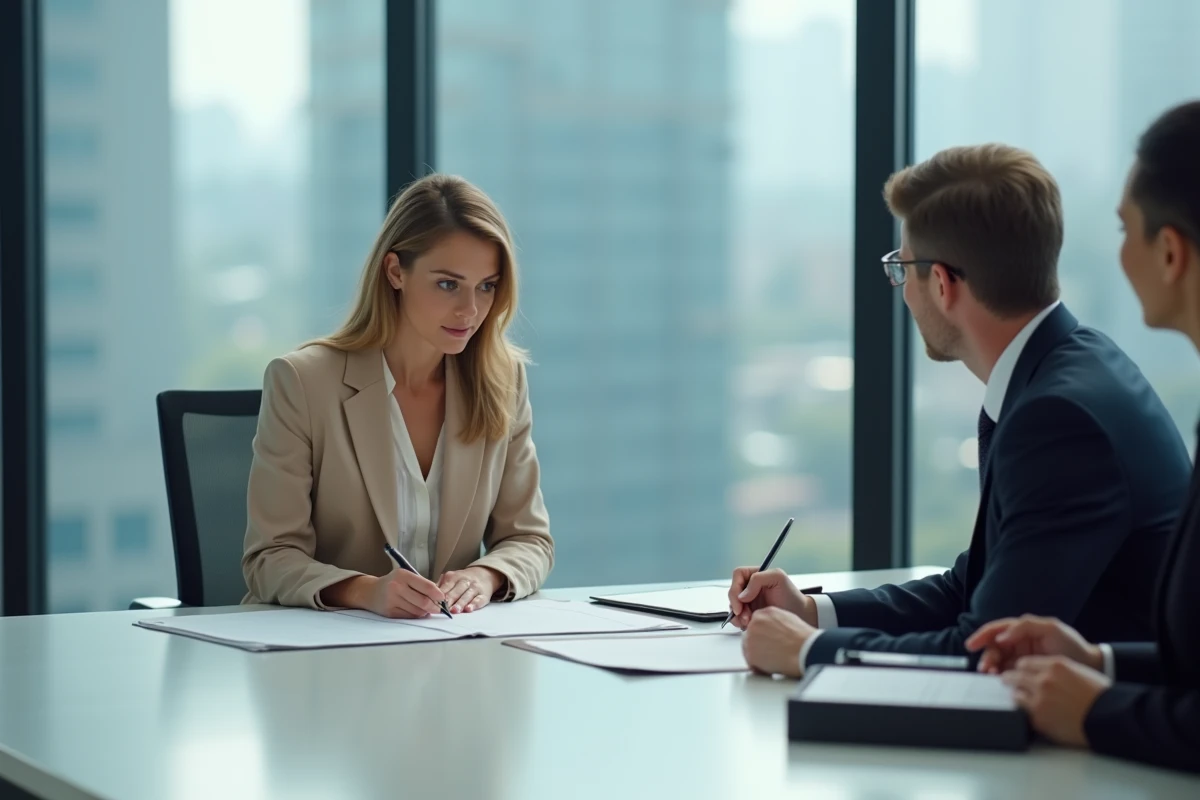 Cliente signant un contrat financier important en présence d'un notaire dans une salle de réunion bancaire moderne