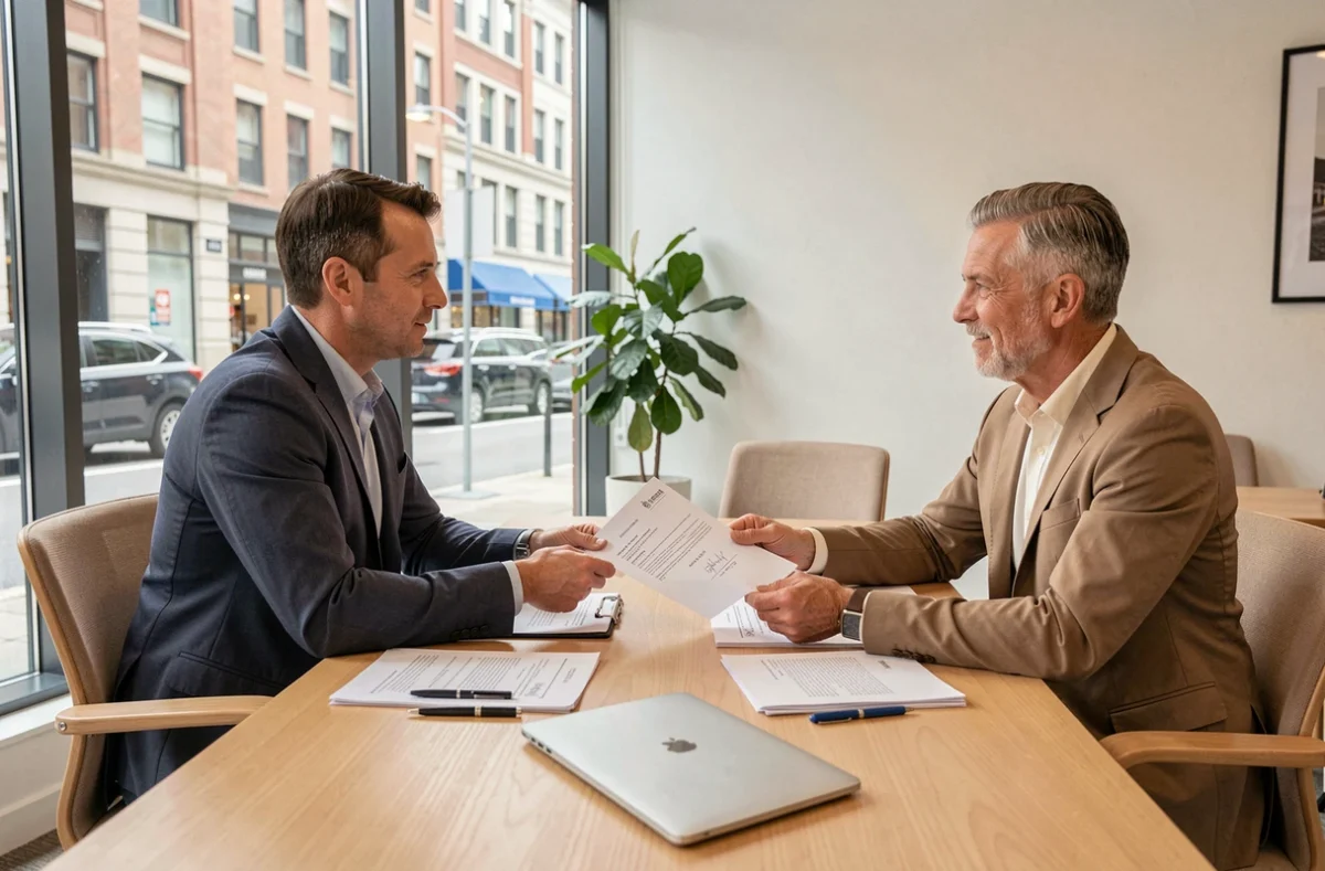 Signature d'un contrat de vente immobilière entre vendeur et acheteur dans une agence moderne