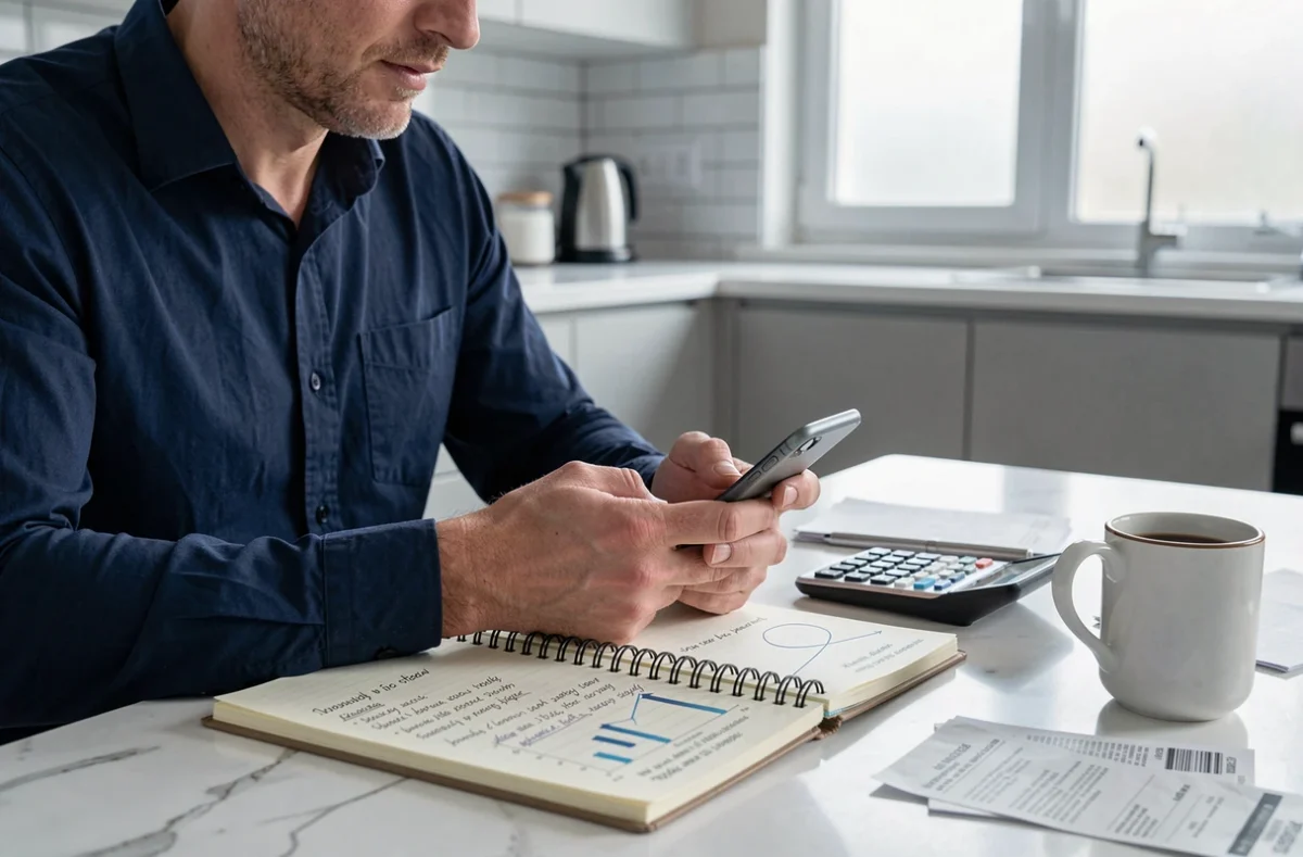 Homme consultant son téléphone et un carnet financier pour suivre ses objectifs d'épargne dans une cuisine moderne