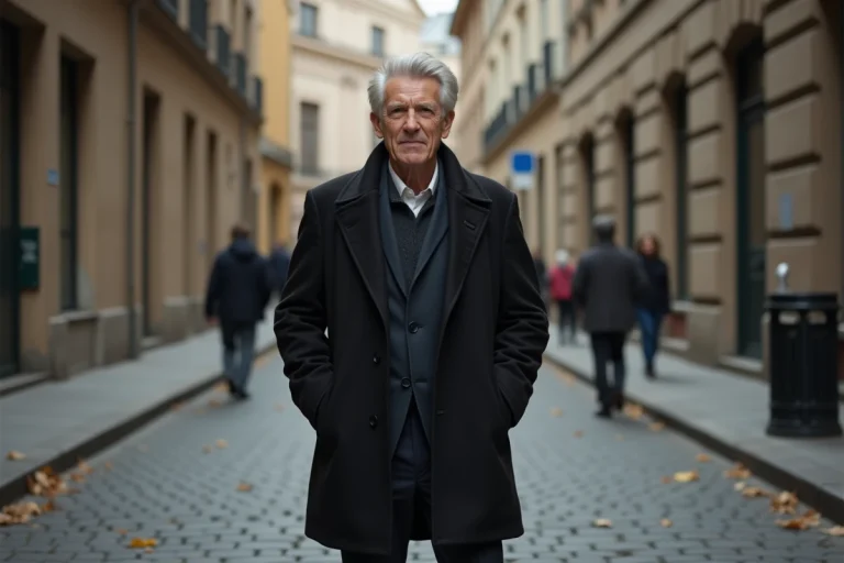Portrait en pied d'un homme grand et élégant aux cheveux grisonnants dans une rue pavée européenne, illustrant la stature imposante de Viggo Mortensen