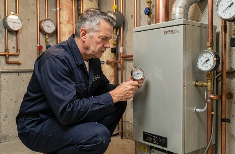 Technicien inspectant une chaudière à fioul dans une chaufferie domestique, avec manomètre numérique visible