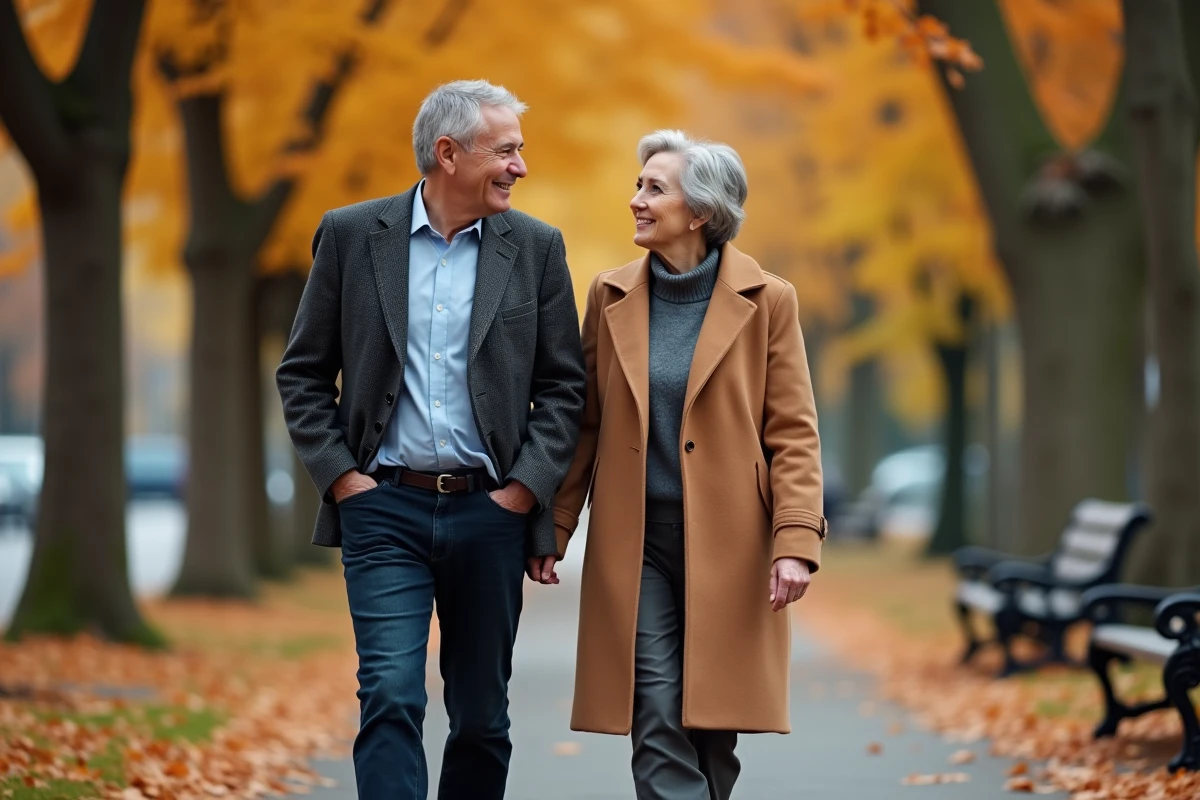 Couple élégant se promenant sur une allée arborée en automne, mettant en valeur la différence de taille entre les deux partenaires