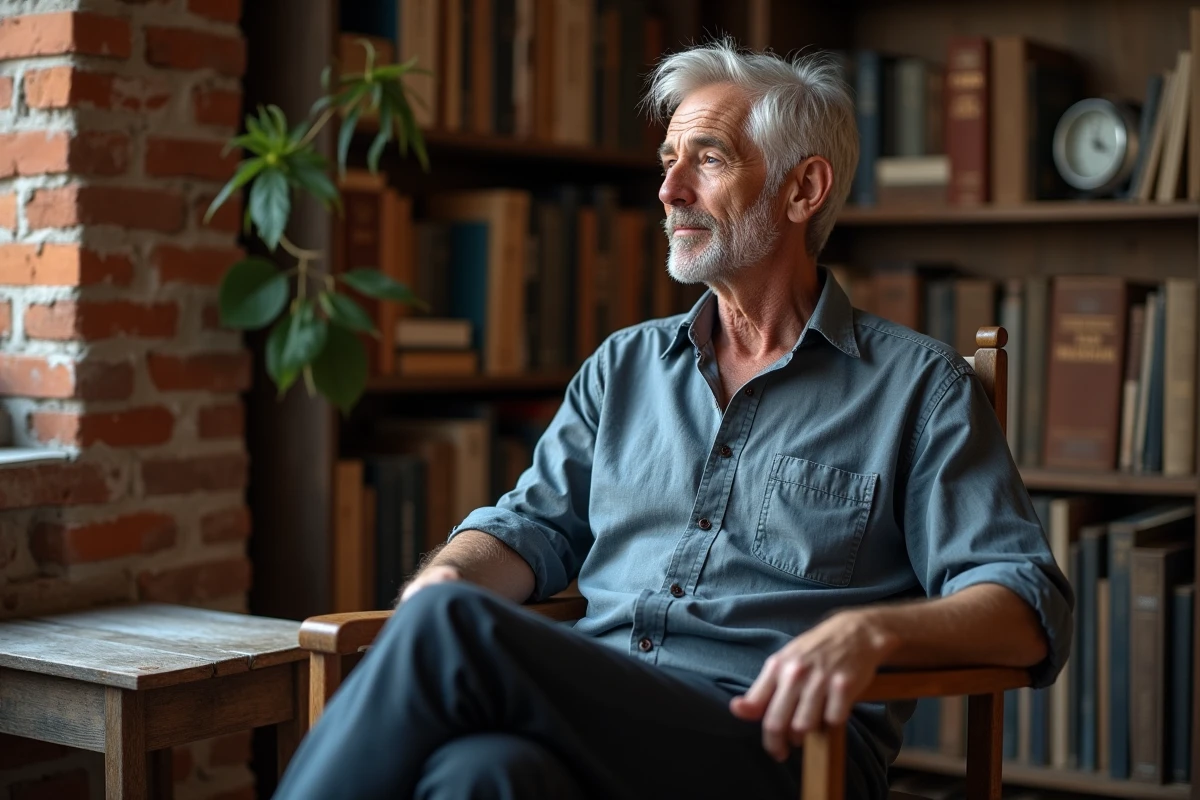 Portrait éditorial en trois quarts d'un grand homme aux cheveux argentés assis dans un intérieur chaleureux aux murs en brique, ambiance interview culturelle