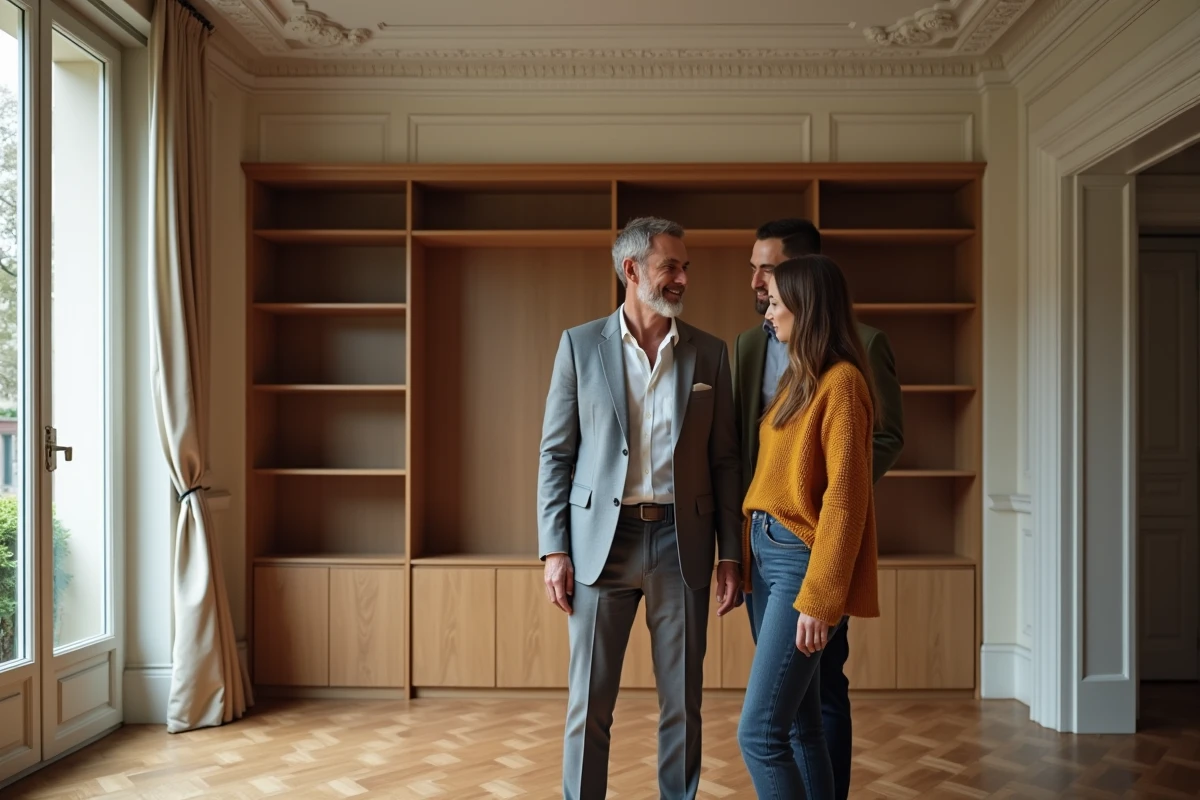 Agent immobilier faisant visiter un appartement avec hauts plafonds à un couple de futurs locataires à Lyon