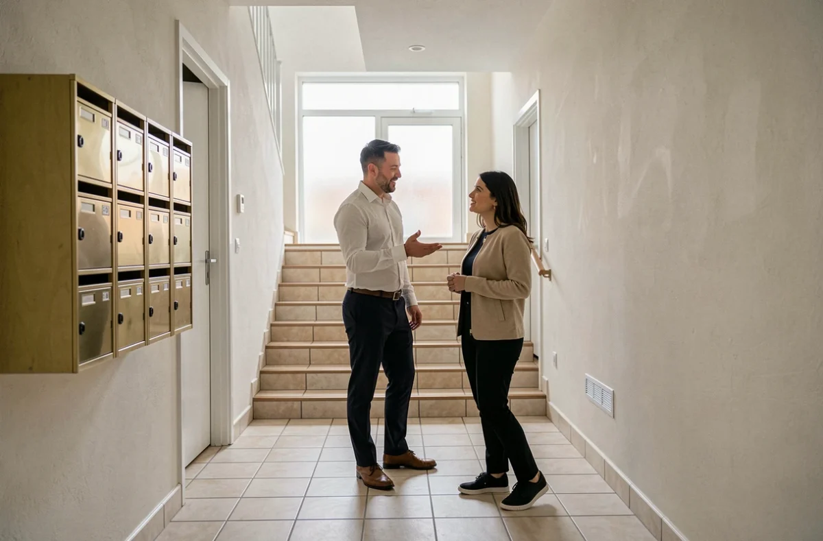 Agent immobilier faisant visiter le couloir d'un immeuble résidentiel à des acheteurs potentiels